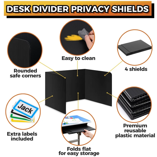 Alt view image 3 of 7 - 4-Pack Desk Dividers for Students - Durable & Waterproof Plastic Study Carrel Divider, Classroom Folders Teacher Supplies, Easy-to-Clean Plastic Privacy Shield Folder Boards for Student Desks, Black