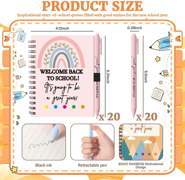 Alt view image 3 of 7 - 40 Pcs Welcome Back to School Gifts Bulk Spiral Notebooks Pens Notepads with Sticky Notes Motivational Pens, First Day of School Party Favor for Teacher Student Classroom, Rainbow Pastel