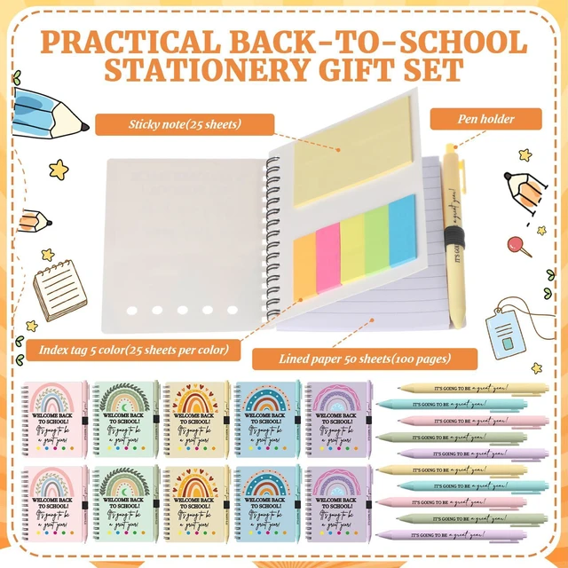 Alt view image 6 of 7 - 40 Pcs Welcome Back to School Gifts Bulk Spiral Notebooks Pens Notepads with Sticky Notes Motivational Pens, First Day of School Party Favor for Teacher Student Classroom, Rainbow Pastel