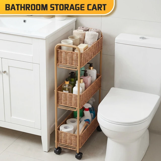 Alt view image 7 of 7 - Utility Slim Storage Cart,3-Tier Rolling Kitchen Office Laundry Room Cart,Mobile Shelving Unit Organizer for Living Room Bathroom Baby Diaper Narrow Places (Natural, 3 Tiers-7.1 inch (W))