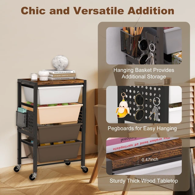 Alt view image 5 of 7 - Rolling Cart with Drawers, Rolling Storage Cart with Large Plastic Drawers & Wooden Tabletop, Utility Cart with Pegboards & Basket, Storage Drawers Cart for Living Room, Classroom, Bedroom, Office