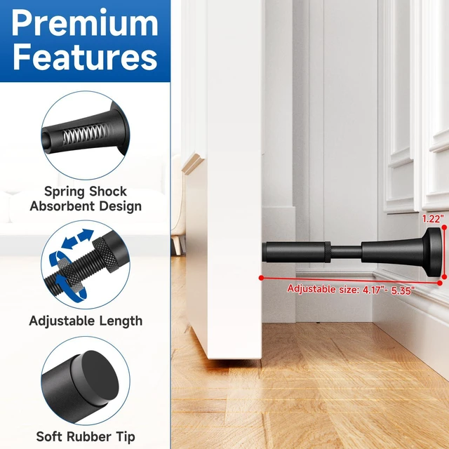 Alt view image 3 of 7 - 4Pcs Adjustable Spring Door Stop, 4.17-5.35in Long Door Stoppers, Black Door Stoppers with Silicone Tip, Matte Black Door Stop for Bottom of Door, Screw & Adhesive Installation