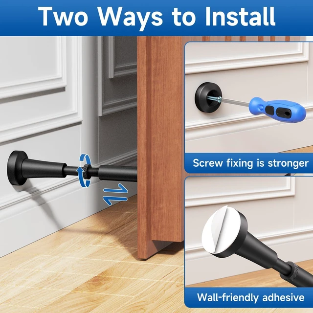 Alt view image 5 of 7 - 4Pcs Adjustable Spring Door Stop, 4.17-5.35in Long Door Stoppers, Black Door Stoppers with Silicone Tip, Matte Black Door Stop for Bottom of Door, Screw & Adhesive Installation