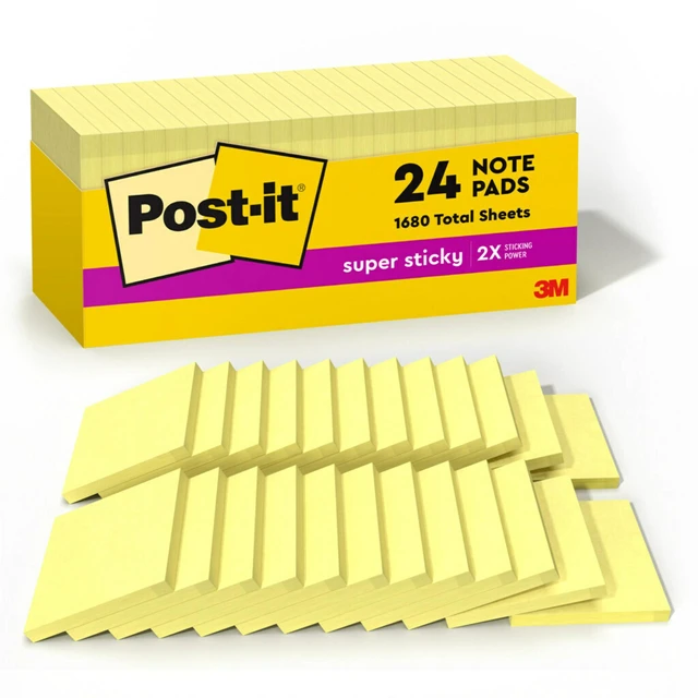Main image of Super Sticky Notes, 24 Pads, 3 x 3 in., School Supplies, Office Products, for Vertical Surfaces, Monitors, Walls and Windows, Canary Yellow