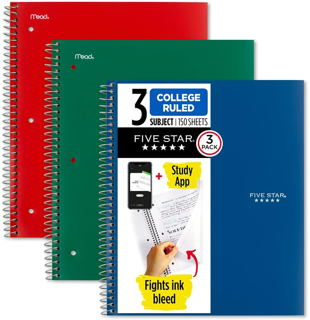 Main image of Spiral Notebook + Study App, 3 Pack, 3 Subject, College Ruled Paper, Fights Ink Bleed, Water Resistant Cover, 8-1/2" x 11", 150 Sheets, Green, Red, Blue (820193)