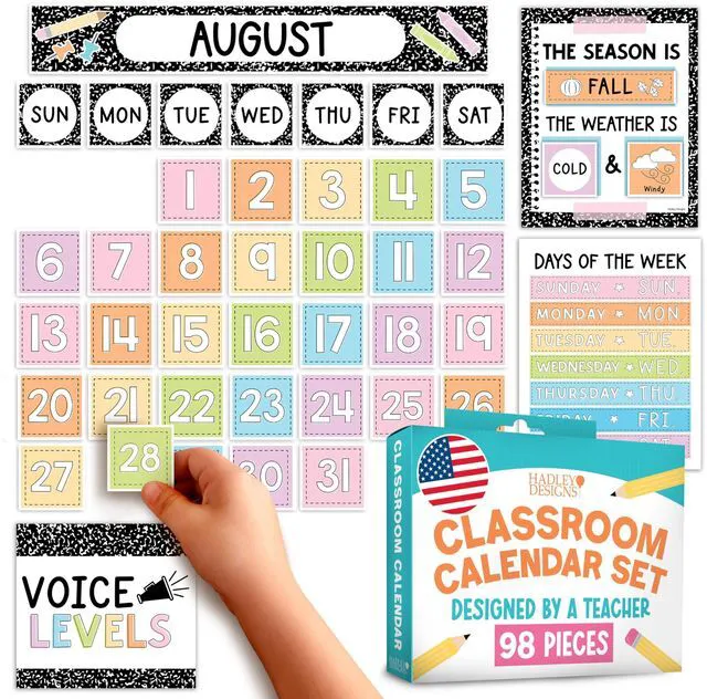 Main image of Classroom Calendar Set -School Calendar Bulletin Board Decor Kid Class Calendar for Composition Classroom Decor, Kindergarten Preschool Teacher Must Have, Homeschool & Daycare Essentials