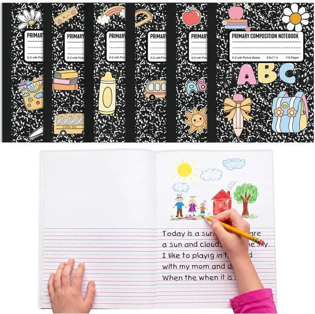 Main image of 6 Pcs Marble Primary Composition Notebook with Picture Space Bulk Notebook for Grades K-2, 110 Page 8.5 x 11'' Half Primary Journal, Drawing Story, Back to School First Day of School