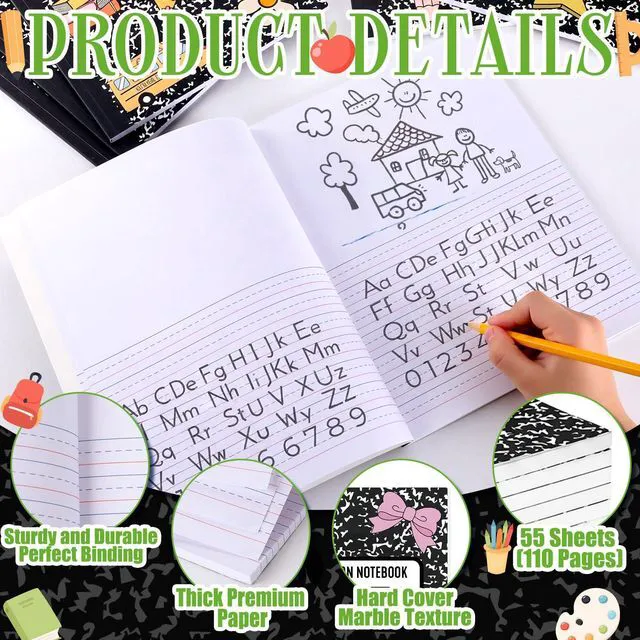 Alt view image 6 of 7 - 6 Pcs Marble Primary Composition Notebook with Picture Space Bulk Notebook for Grades K-2, 110 Page 8.5 x 11'' Half Primary Journal, Drawing Story, Back to School First Day of School