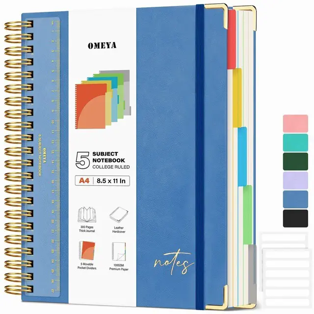 Main image of Hardcover Spiral Notebook 8.5" x 11": 5 Subject Notebooks College Ruled Pocket Dividers & Ruler, Leather, 300 Pages 100GSM Thick Writing Journal for Women, Large A4 Lined Notebooks for Work School