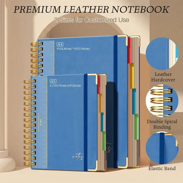 Alt view image 5 of 7 - Hardcover Spiral Notebook 8.5" x 11": 5 Subject Notebooks College Ruled Pocket Dividers & Ruler, Leather, 300 Pages 100GSM Thick Writing Journal for Women, Large A4 Lined Notebooks for Work School