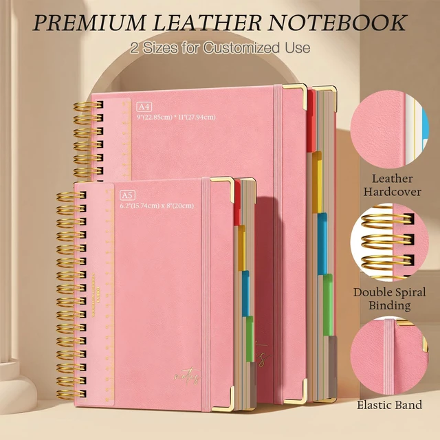 Alt view image 5 of 7 - Hardcover Spiral Notebook 8.5" x 11": 5 Subject Notebooks College Ruled Pocket Dividers & Ruler, Leather, 300 Pages 100GSM Thick Writing Journal for Women, Large A4 Lined Notebooks for Work School