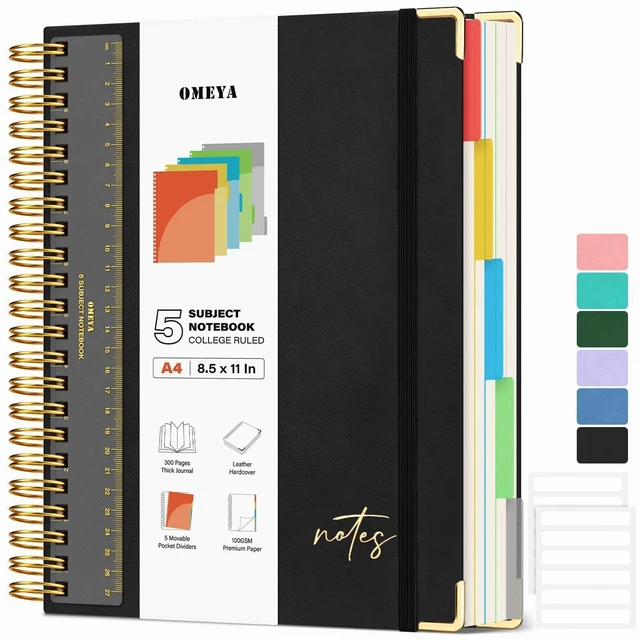 Main image of Hardcover Spiral Notebook 8.5" x 11": 5 Subject Notebooks College Ruled Pocket Dividers & Ruler, Leather, 300 Pages 100GSM Thick Writing Journal for Women, Large A4 Lined Notebooks for Work School