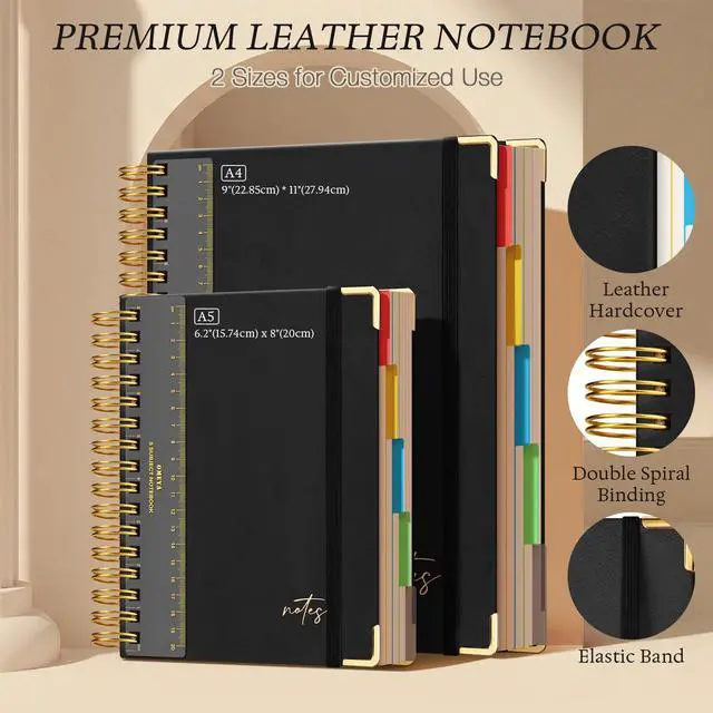 Alt view image 5 of 7 - Hardcover Spiral Notebook 8.5" x 11": 5 Subject Notebooks College Ruled Pocket Dividers & Ruler, Leather, 300 Pages 100GSM Thick Writing Journal for Women, Large A4 Lined Notebooks for Work School