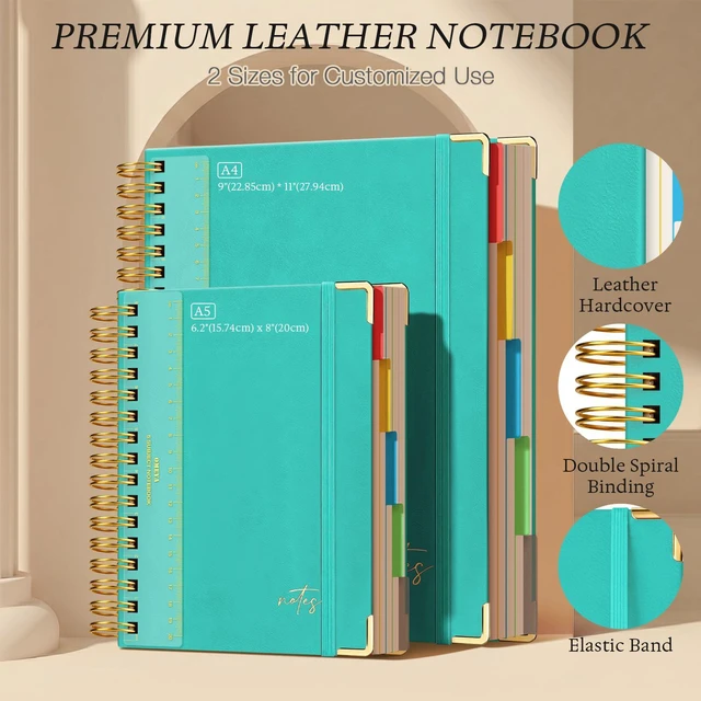 Alt view image 5 of 7 - Hardcover Spiral Notebook 8.5" x 11": 5 Subject Notebooks College Ruled Pocket Dividers & Ruler, Leather, 300 Pages 100GSM Thick Writing Journal for Women, Large A4 Lined Notebooks for Work School