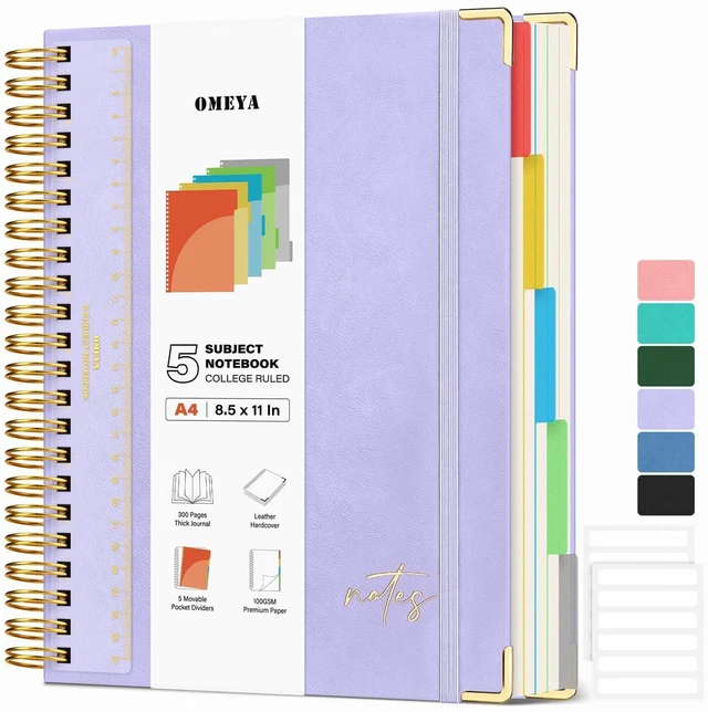 Main image of Hardcover Spiral Notebook 8.5" x 11": 5 Subject Notebooks College Ruled Pocket Dividers & Ruler, Leather, 300 Pages 100GSM Thick Writing Journal for Women, Large A4 Lined Notebooks for Work School