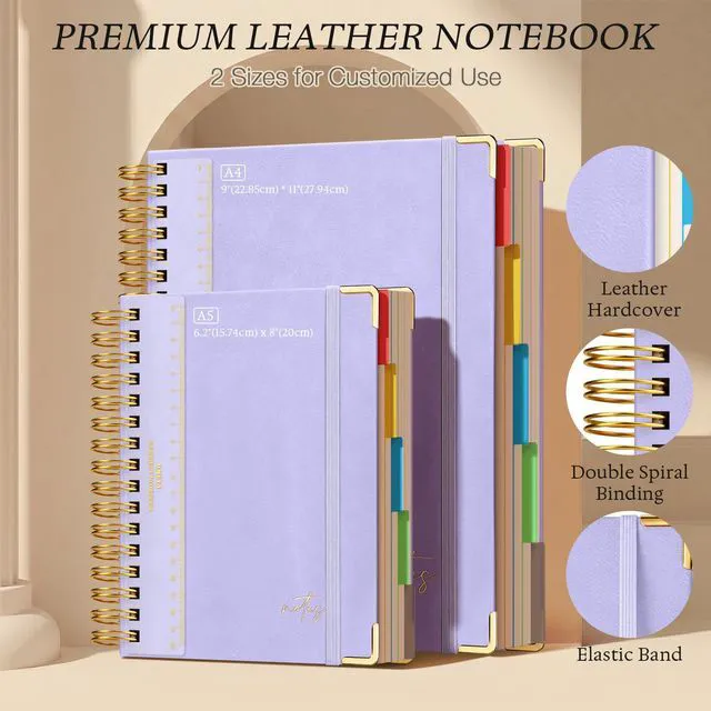 Alt view image 5 of 7 - Hardcover Spiral Notebook 8.5" x 11": 5 Subject Notebooks College Ruled Pocket Dividers & Ruler, Leather, 300 Pages 100GSM Thick Writing Journal for Women, Large A4 Lined Notebooks for Work School
