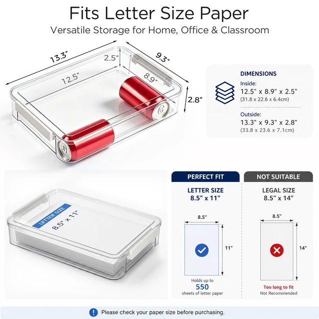 Alt view image 2 of 7 - 5Packs 13''x9''Paper Storage Box with Lids, Clear Organizer Stackable File Box for Organizing A4 Paper, Letters, Documents, Art Supplies, and Crafts,Project Case