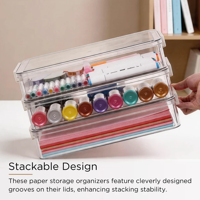 Alt view image 5 of 7 - 5Packs 13''x9''Paper Storage Box with Lids, Clear Organizer Stackable File Box for Organizing A4 Paper, Letters, Documents, Art Supplies, and Crafts,Project Case