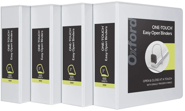 Main image of 3 Ring Binders, Binders for School and Office, 3 Inch ONE-Touch Easy Open D Rings, 3-Sided View Binder Covers, Xtralife Hinge, Non-Stick, PVC-Free, White, 650-Sheet Capacity, 4 Pack (79915)