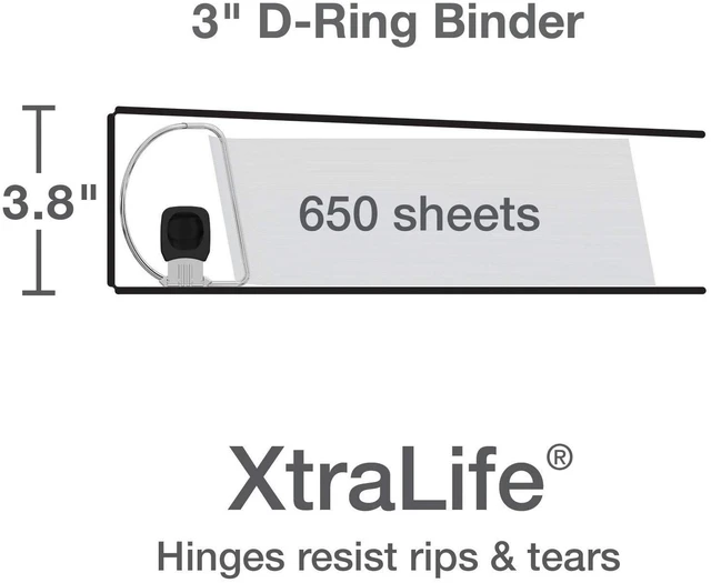 Alt view image 3 of 6 - 3 Ring Binders, Binders for School and Office, 3 Inch ONE-Touch Easy Open D Rings, 3-Sided View Binder Covers, Xtralife Hinge, Non-Stick, PVC-Free, White, 650-Sheet Capacity, 4 Pack (79915)