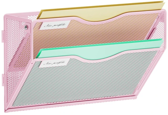 Main image of Wall File Holder 2-Tier Hanging Wall File Organizer, Mesh Mail Holder for Papers, Wall Mount File Clipboard & Magazine Organizer Great for Office Home (Pink)
