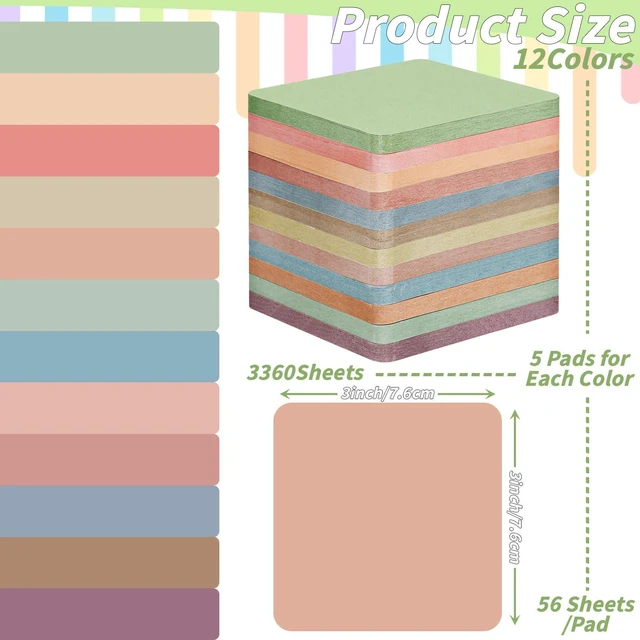 Alt view image 2 of 7 - 60 Pack Vintage Sticky Notes 3x3 Inch 12 Retro Colors Memo Pads Bulk 56 Sheets Each, Round Corner Design, Self Adhesive Notes, Office Supplies, Back to School, Teacher, Student, Organization