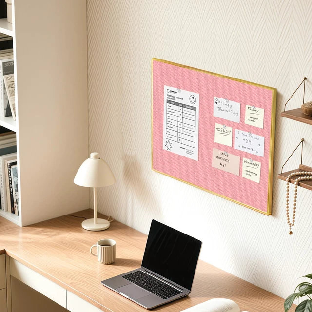 Alt view image 7 of 7 - Linen Bulletin Board, 24"x18" Decorative Fabric Pin Board Vision Board Gold Aluminum Frame, Upgraded Pink Canvas Surface, Wall Mounted, for Home Office Bedroom Dorm Wall Decor