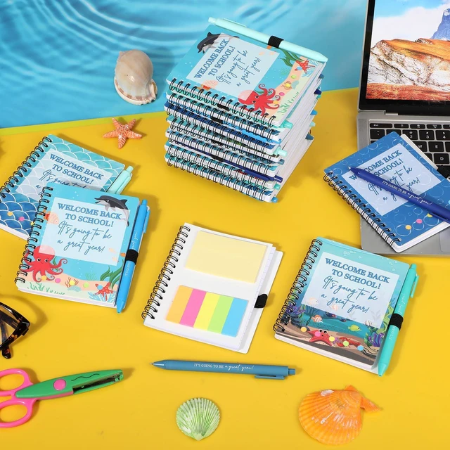 Alt view image 6 of 7 - 100 Pcs Welcome Back to School Gifts Bulk Spiral Notebooks Pens Notepads with Sticky Notes Motivational Pens, First Day of School Party Favor for Teacher Student Classroom, Ocean Sea Blue
