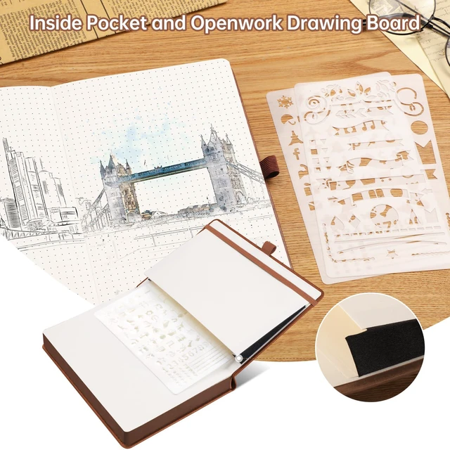Alt view image 6 of 7 - Thick Dotted Notebook, 320 Numbered Pages, A5 (5.75'' X 8.38'') Journal for Writing, 100gsm Dot Paper, Vintage Leather Hardcover, for Women Work Office School (Brown)