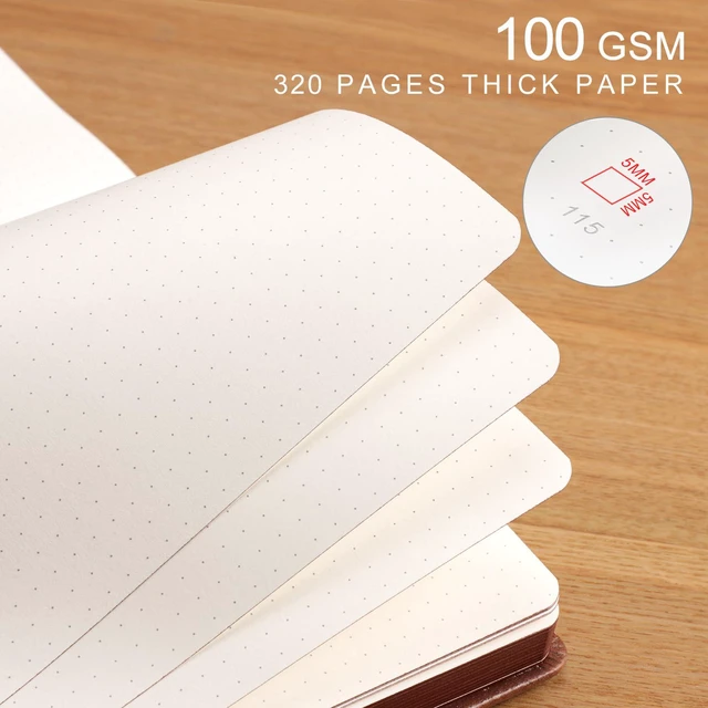 Alt view image 7 of 7 - Thick Dotted Notebook, 320 Numbered Pages, A5 (5.75'' X 8.38'') Journal for Writing, 100gsm Dot Paper, Vintage Leather Hardcover, for Women Work Office School (Brown)
