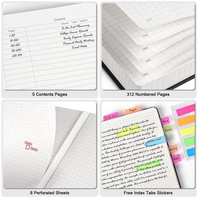 Alt view image 3 of 6 - 5 Pack Graph Paper Notebook Bulk, A5, 312 Numbered Pages Grid Journal Set Cost-Effective 5 Pack 1600 Pages, 100gsm No Bleed Paper, Leather Hardcover, Lay-Flat, for Math, Engineering, Technical Notes