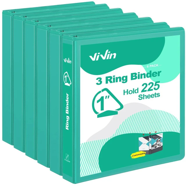 Main image of Sturdy 1 Inch D Ring Binders with 2 Pockets, 6 Pack, Lake Green 3 Ring Binders with Clear View Cover, Hold 225 Sheets of US Letter Size Paper, PVC-Free for Office, Home, School