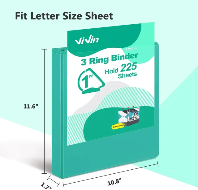 Alt view image 2 of 7 - Sturdy 1 Inch D Ring Binders with 2 Pockets, 6 Pack, Lake Green 3 Ring Binders with Clear View Cover, Hold 225 Sheets of US Letter Size Paper, PVC-Free for Office, Home, School