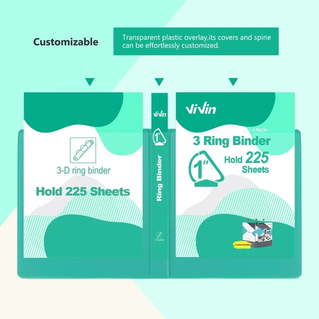 Alt view image 4 of 7 - Sturdy 1 Inch D Ring Binders with 2 Pockets, 6 Pack, Lake Green 3 Ring Binders with Clear View Cover, Hold 225 Sheets of US Letter Size Paper, PVC-Free for Office, Home, School