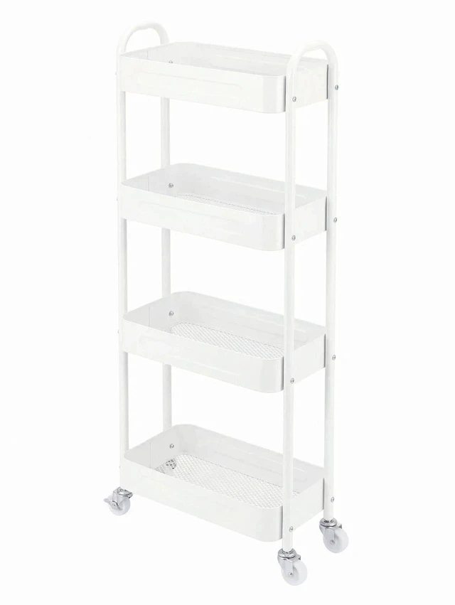Main image of 4 Tier Slim Kitchen Storage Cart for Narrow Space, 7.1'' Wide Metal Rolling cart with Wheels and Lockable Casters, Sturdy Mobile Thin Shelf for Laundry Room Between Washer and Dryer, White
