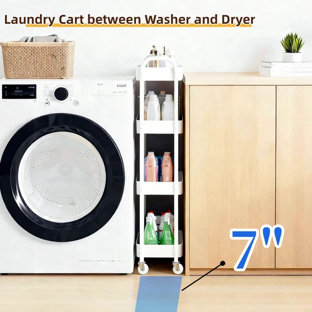 Alt view image 2 of 7 - 4 Tier Slim Kitchen Storage Cart for Narrow Space, 7.1'' Wide Metal Rolling cart with Wheels and Lockable Casters, Sturdy Mobile Thin Shelf for Laundry Room Between Washer and Dryer, White