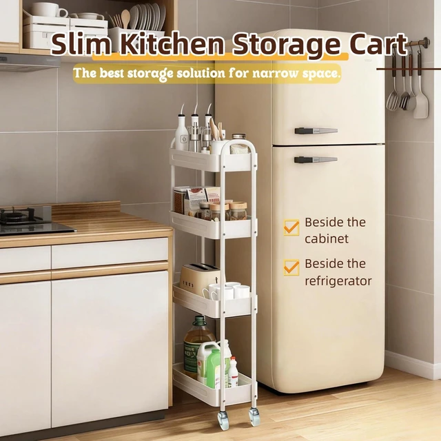 Alt view image 3 of 7 - 4 Tier Slim Kitchen Storage Cart for Narrow Space, 7.1'' Wide Metal Rolling cart with Wheels and Lockable Casters, Sturdy Mobile Thin Shelf for Laundry Room Between Washer and Dryer, White