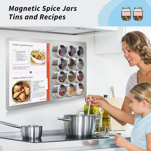 Alt view image 4 of 6 - 17.7" x 11.8" Stainless Steel Magnetic Board - Magnet Bulletin Board to Display Magnetic Letters Numbers Animal, Poetry, Spice Jars, Notes, Photos, Suitable for Wall, Refrigerator, Cubicle, Cabinet