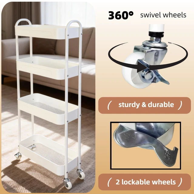 Alt view image 4 of 7 - 4 Tier Slim Kitchen Storage Cart for Narrow Space, 7.1'' Wide Metal Rolling cart with Wheels and Lockable Casters, Sturdy Mobile Thin Shelf for Laundry Room Between Washer and Dryer, White