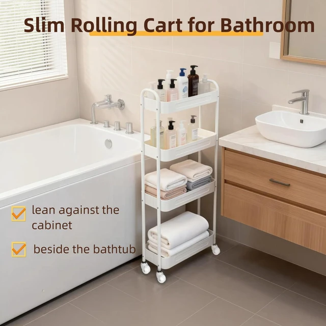 Alt view image 6 of 7 - 4 Tier Slim Kitchen Storage Cart for Narrow Space, 7.1'' Wide Metal Rolling cart with Wheels and Lockable Casters, Sturdy Mobile Thin Shelf for Laundry Room Between Washer and Dryer, White