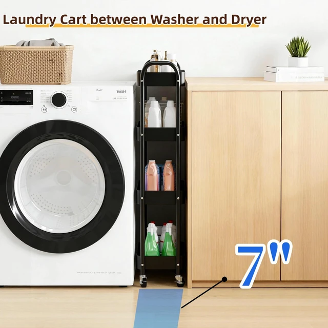 Alt view image 2 of 7 - 4 Tier Slim Storage Cart with Wheels for Laundry Room Between Washer and Dryer, 7.1'' Narrow Rolling Cart with Wheels and Lockable Casters, Metal Thin Standing Shelf for Small Space, Black