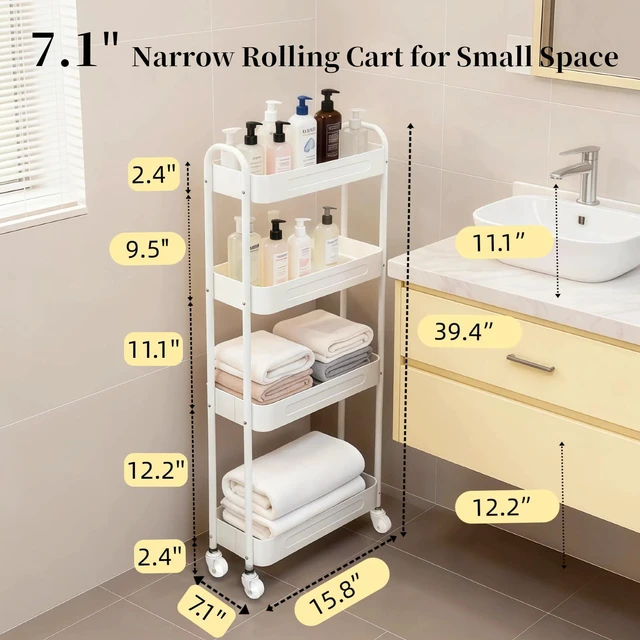 Alt view image 7 of 7 - 4 Tier Slim Kitchen Storage Cart for Narrow Space, 7.1'' Wide Metal Rolling cart with Wheels and Lockable Casters, Sturdy Mobile Thin Shelf for Laundry Room Between Washer and Dryer, White