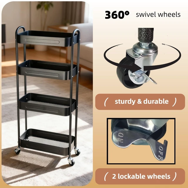 Alt view image 3 of 7 - 4 Tier Slim Storage Cart with Wheels for Laundry Room Between Washer and Dryer, 7.1'' Narrow Rolling Cart with Wheels and Lockable Casters, Metal Thin Standing Shelf for Small Space, Black