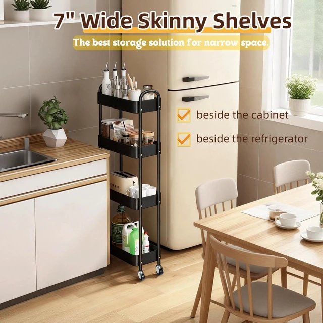 Alt view image 4 of 7 - 4 Tier Slim Storage Cart with Wheels for Laundry Room Between Washer and Dryer, 7.1'' Narrow Rolling Cart with Wheels and Lockable Casters, Metal Thin Standing Shelf for Small Space, Black