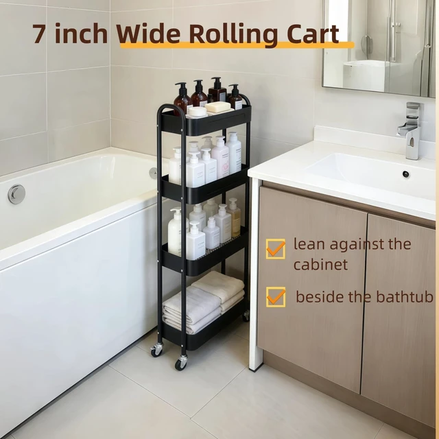 Alt view image 6 of 7 - 4 Tier Slim Storage Cart with Wheels for Laundry Room Between Washer and Dryer, 7.1'' Narrow Rolling Cart with Wheels and Lockable Casters, Metal Thin Standing Shelf for Small Space, Black