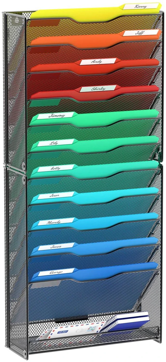 Main image of 12 Tier Wall File Organizer, Hanging Wall Mount File Holder Paper Folder Mail Organizer, Mesh Metal, Black