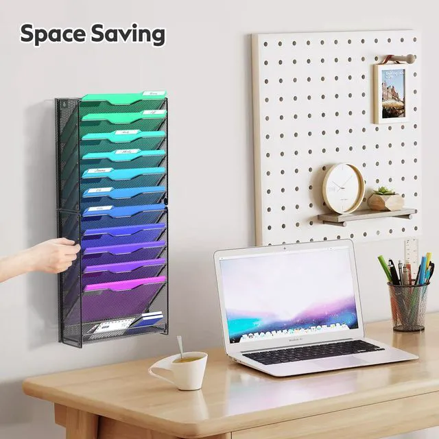 Alt view image 2 of 6 - 12 Tier Wall File Organizer, Hanging Wall Mount File Holder Paper Folder Mail Organizer, Mesh Metal, Black