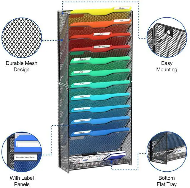 Alt view image 3 of 6 - 12 Tier Wall File Organizer, Hanging Wall Mount File Holder Paper Folder Mail Organizer, Mesh Metal, Black