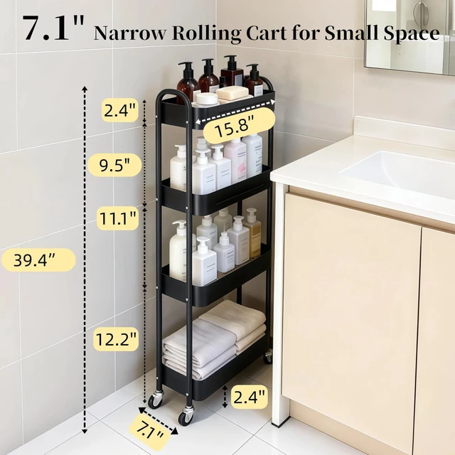 Alt view image 7 of 7 - 4 Tier Slim Storage Cart with Wheels for Laundry Room Between Washer and Dryer, 7.1'' Narrow Rolling Cart with Wheels and Lockable Casters, Metal Thin Standing Shelf for Small Space, Black