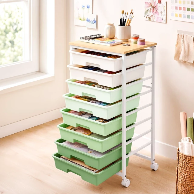 Main image of Rolling Storage Cart with 8 Drawers, Utility Cart on Lockable Wheels Metal Frame and Wooden Tabletop for Living Room Bedroom Dorm, Office Storage & Art Supply Craft Organizer for Classroom,Green